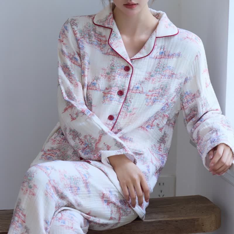 Orientalischer Loungewear-Bekleidung aus Baumwollgaze mit künstlerischem Baummotiv - image 3