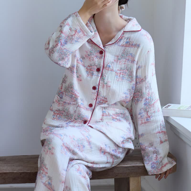 Orientalischer Loungewear-Bekleidung aus Baumwollgaze mit künstlerischem Baummotiv - image 4