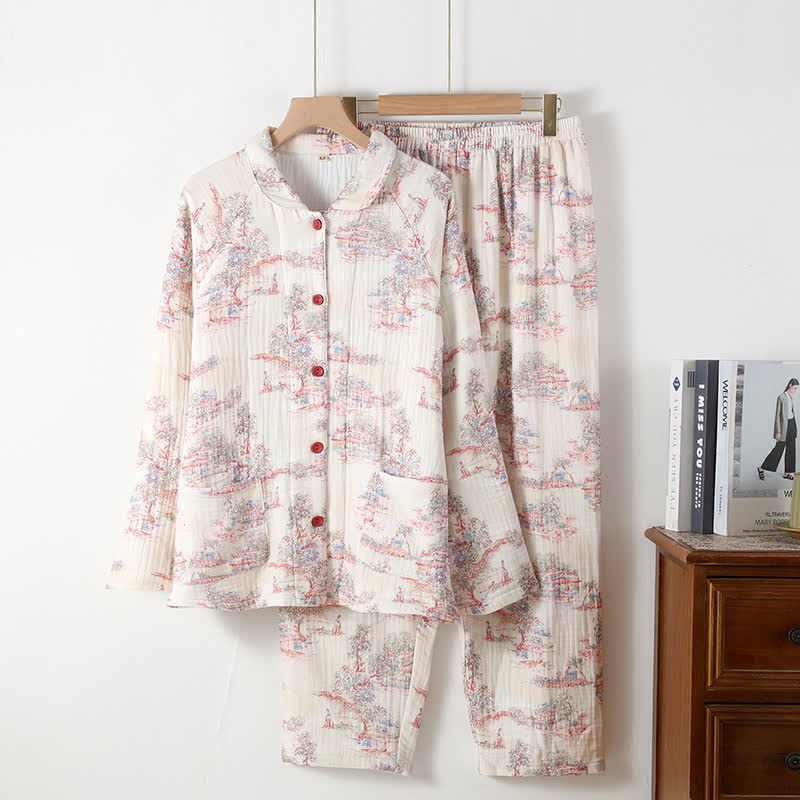 Orientalischer Loungewear-Bekleidung aus Baumwollgaze mit künstlerischem Baummotiv - Beige - Peter-Pan-Kragen - XL - image 7