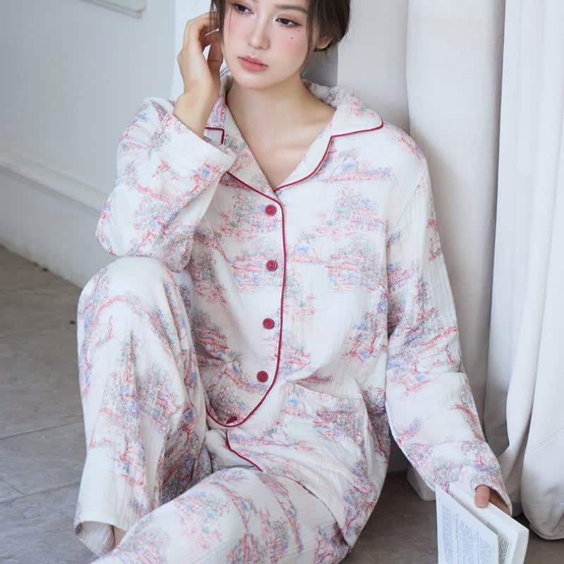 Orientalischer Loungewear-Bekleidung aus Baumwollgaze mit künstlerischem Baummotiv - image 1