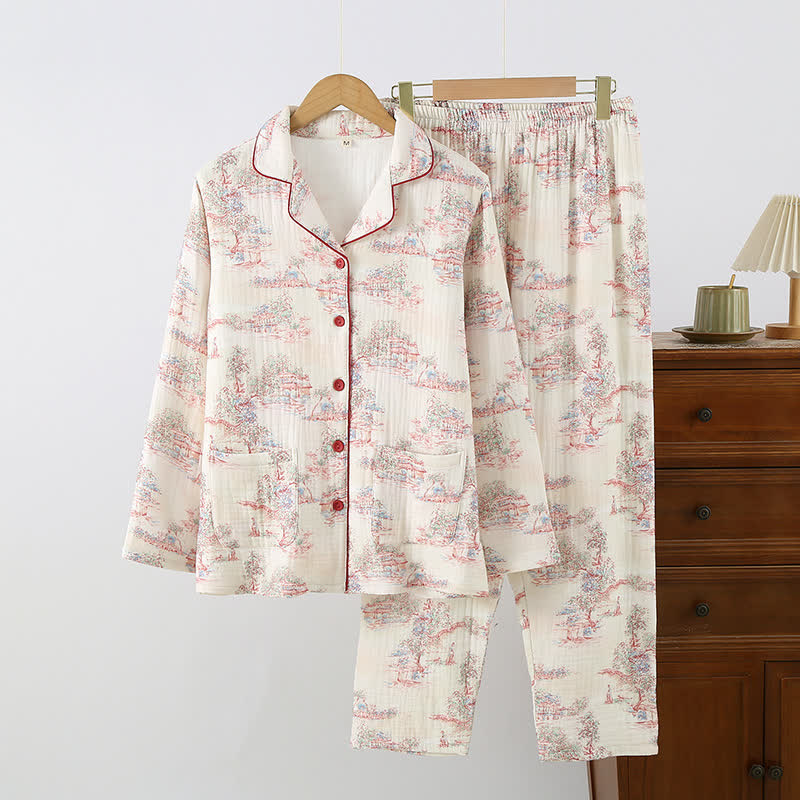 Orientalischer Loungewear-Bekleidung aus Baumwollgaze mit künstlerischem Baummotiv - Beige - Reverskragen - XL - image 0