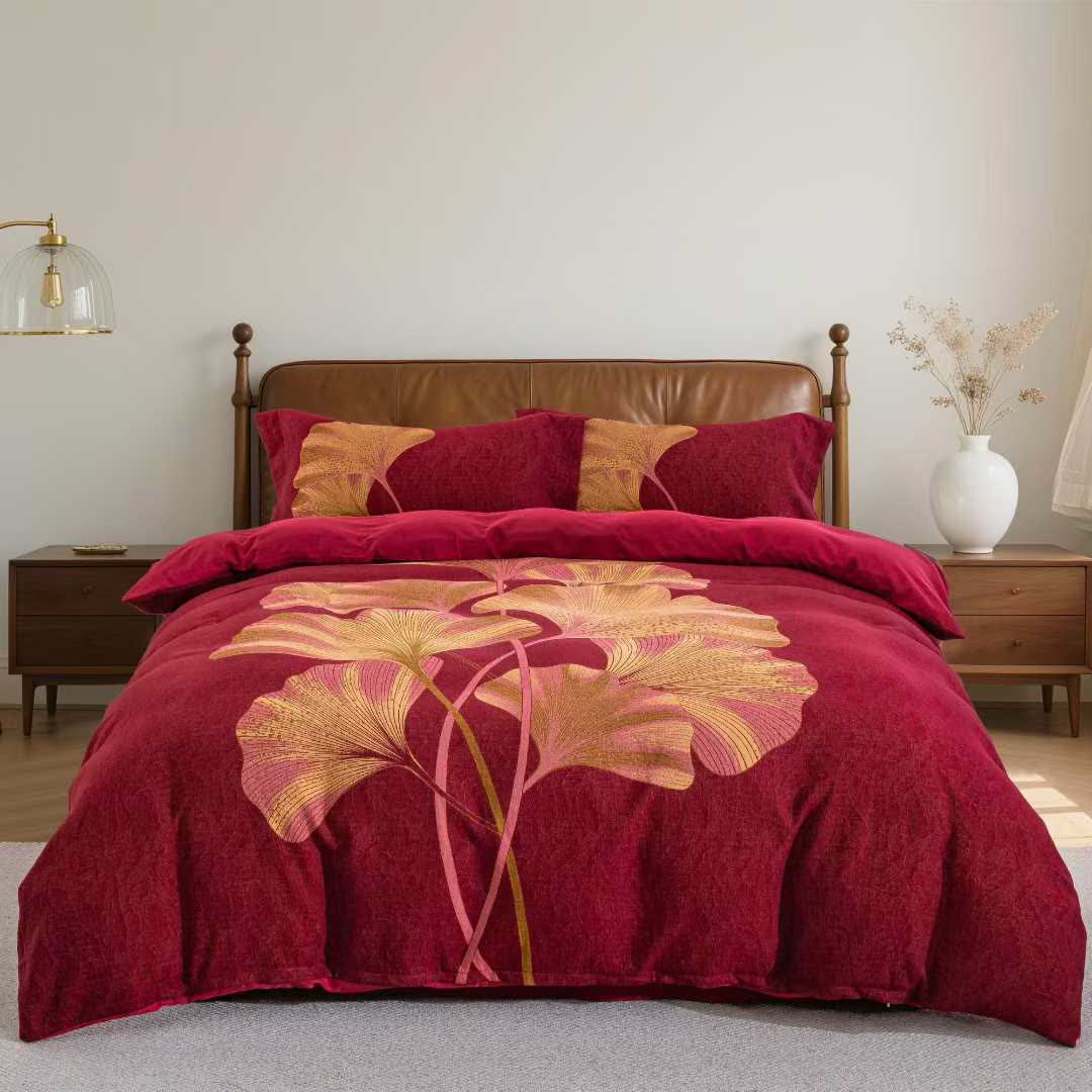 Bettwäsche-Set aus Baumwolle mit rotem und goldenem Ginkgoblatt (4-teilig) - 220cm x 240cm - image 0