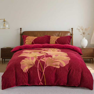 Bettwäsche-Set aus Baumwolle mit rotem und goldenem Ginkgoblatt (4-teilig) - 220cm x 240cm - image 0