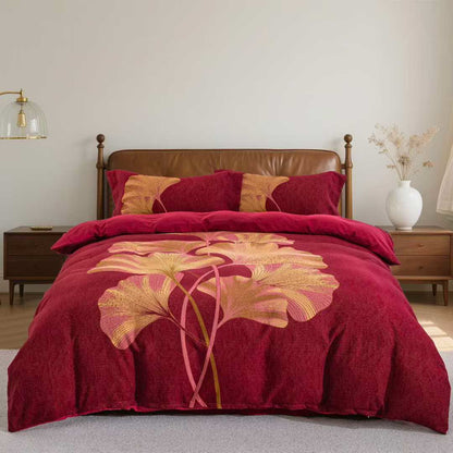 Bettwäsche-Set aus Baumwolle mit rotem und goldenem Ginkgoblatt (4-teilig) - 220cm x 240cm - image 0