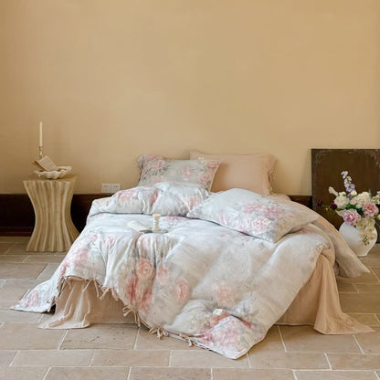 Elegantes Bettwäsche-Set mit Pfingstrosenmuster und Bindebändern aus Baumwolle (4-teilig) - Rosa & Blau - 220cm x 240cm - image 2