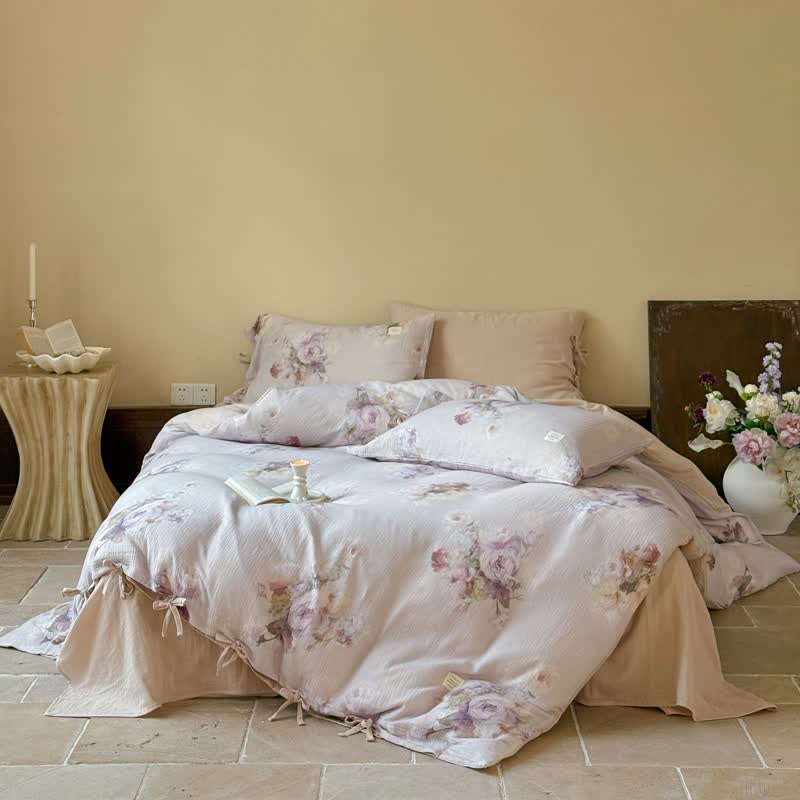 Bettwäsche-Set aus Baumwolle mit dezentem Blumenmuster und Bindebändern (4-teilig) - Hellrosa - 220cm x 240cm - image 0