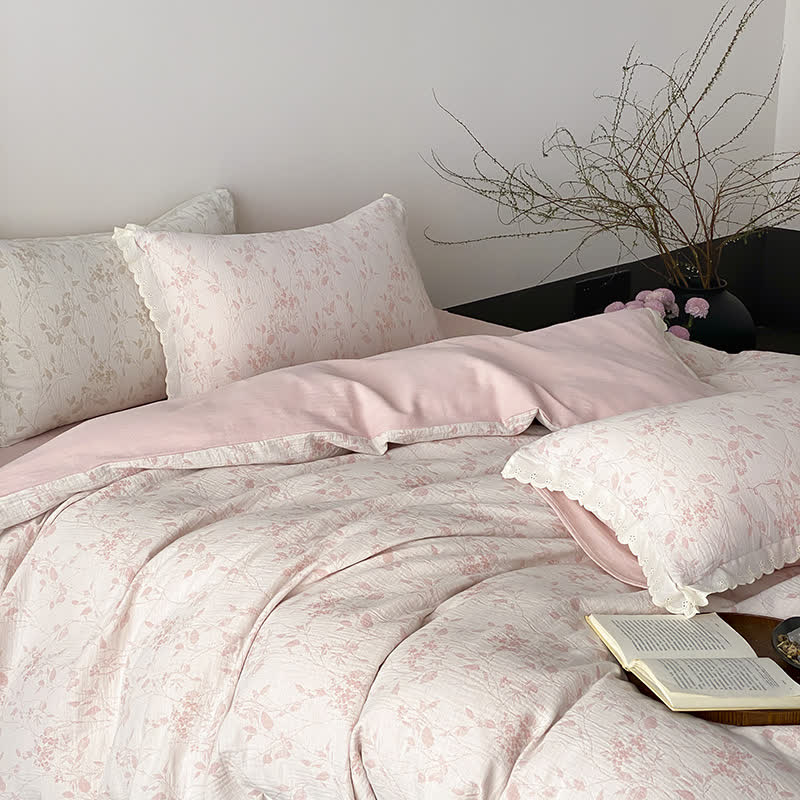 Vintage Bettwäsche-Set aus Baumwollgaze mit dezentem Blattmuster (4-teilig) - Rosa - 220cm x 240cm - image 6