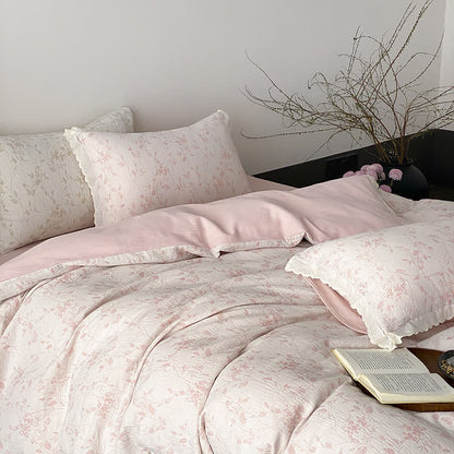 Vintage Bettwäsche-Set aus Baumwollgaze mit dezentem Blattmuster (4-teilig) - Rosa - 220cm x 240cm - image 6