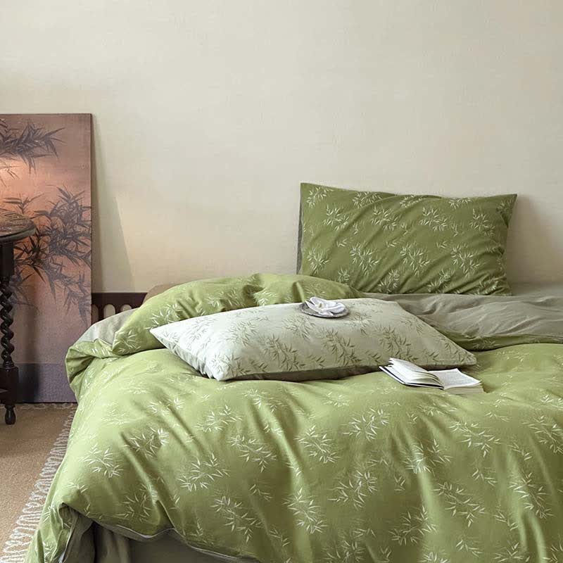 Orientalisches Bambusblatt-Jacquard-Baumwollbettwäsche-Set (4-teilig) - Dunkelgrün - 220cm x 240cm - image 9