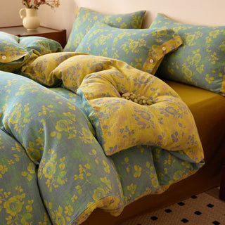Bettwäsche aus Baumwollgaze mit grünen und gelben Rosen - Bettwäsche-Set - 220cm x 240cm - image 0
