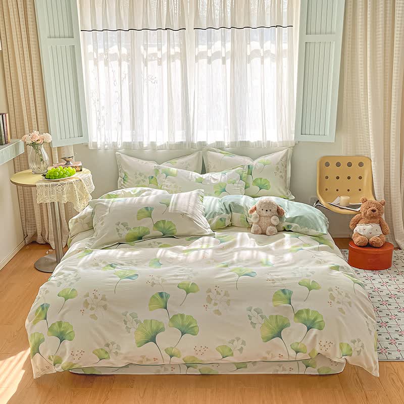 Bettwäsche-Set aus Baumwolle mit frischem Ginkgoblatt-Grün (4-teilig) - image 1