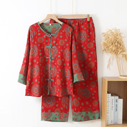 Loungewear-Set aus Baumwolle mit orientalischem kreisförmigem Fu-Motiv - Rot - XL - image 0