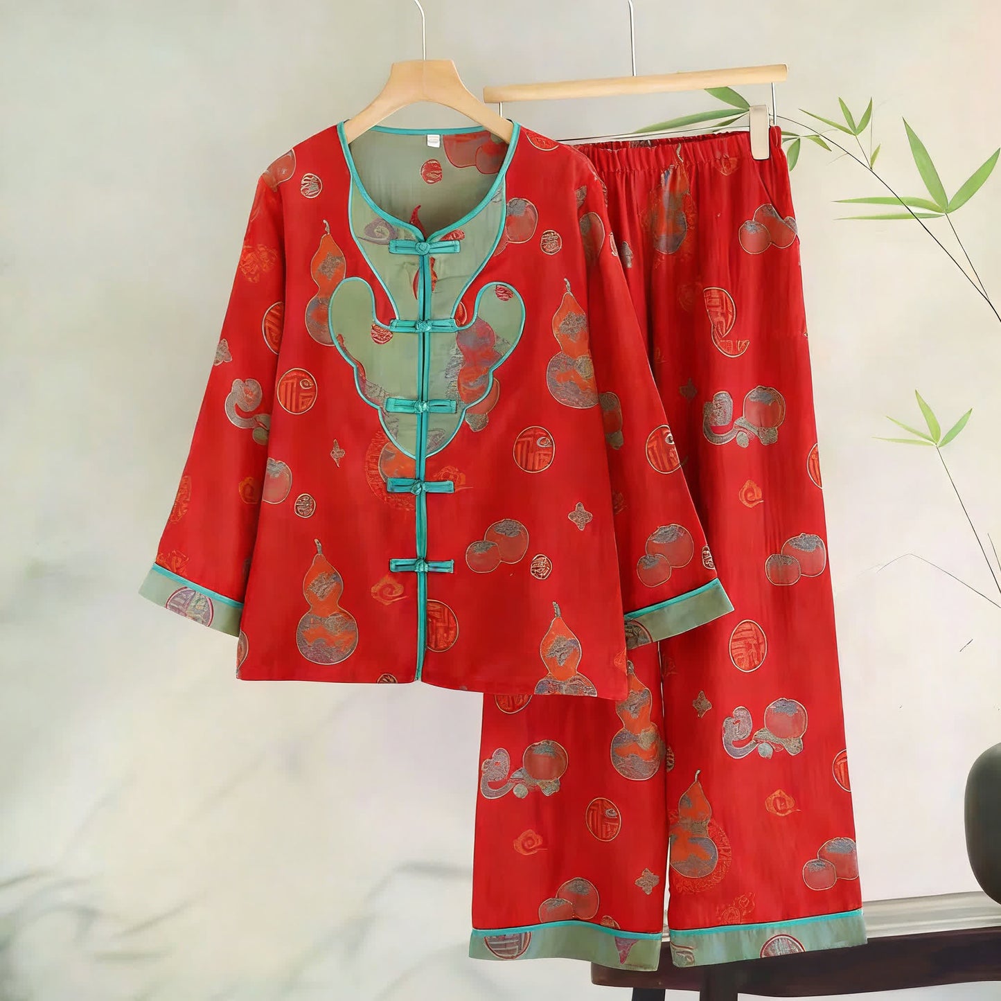 Pyjama aus orientalischem Kürbis-Jacquard-Baumwollgaze - Rot - XL - image 0