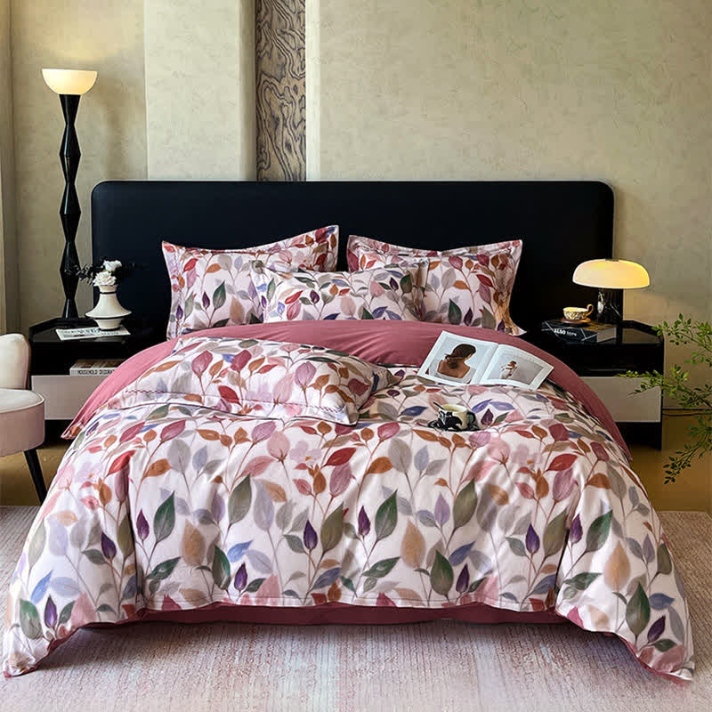 Buntes Bettwäsche-Set aus gebürsteter Baumwolle mit Blattmuster (4-teilig) - Rosa - 220cm x 240cm - image 0
