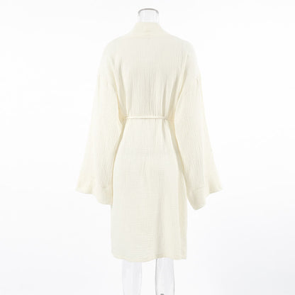 Beige Kimono-Bademantel aus reiner Baumwolle - image 7