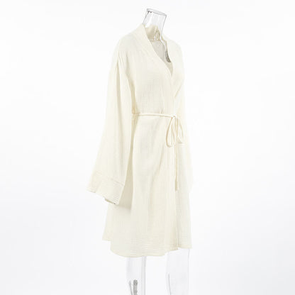 Beige Kimono-Bademantel aus reiner Baumwolle - image 6