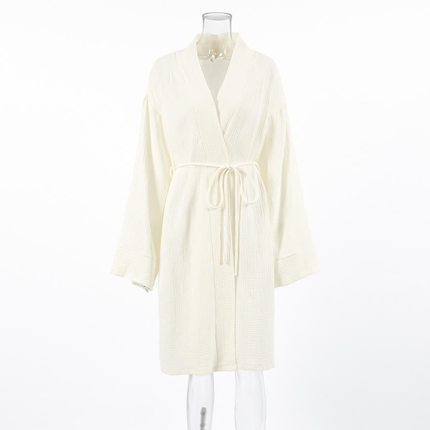 Beige Kimono-Bademantel aus reiner Baumwolle - image 5