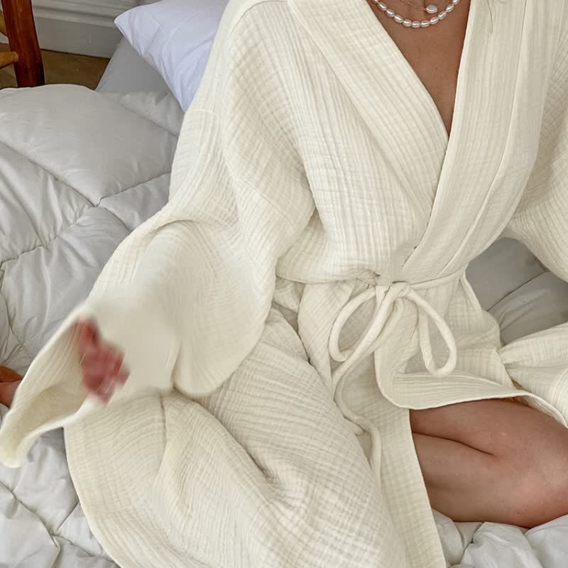 Beige Kimono-Bademantel aus reiner Baumwolle - image 2