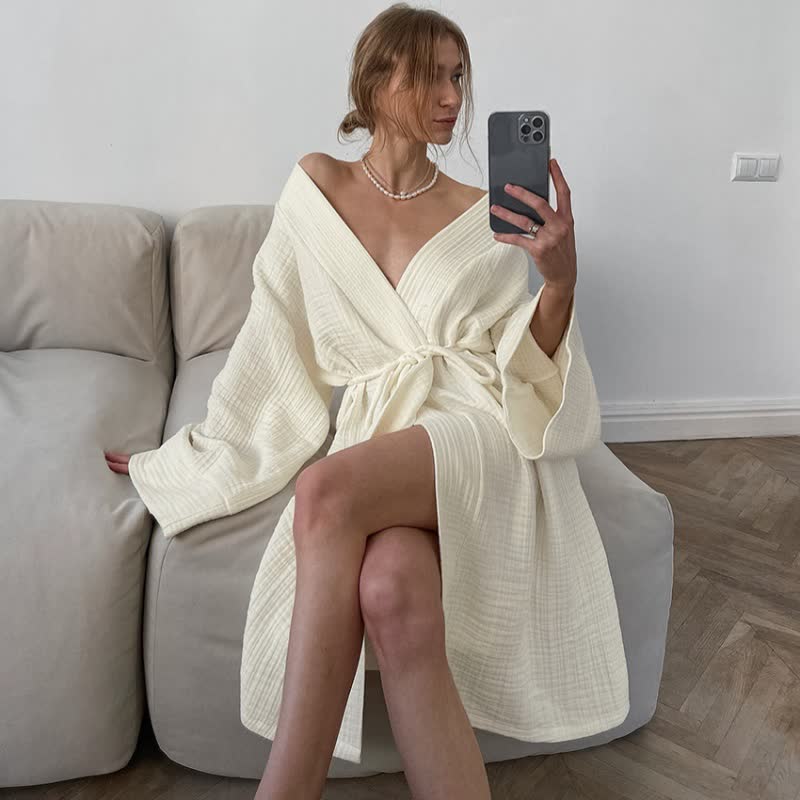 Beige Kimono-Bademantel aus reiner Baumwolle - image 1