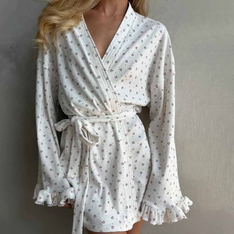 Kurzer Kimono-Bademantel mit Herzmuster, langen Ärmeln - Weiß - XXL - image 0