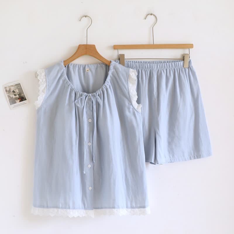 Tanktop-Pyjama aus einfarbiger Baumwolle mit Spitzenbesatz - Blau - XL - image 6
