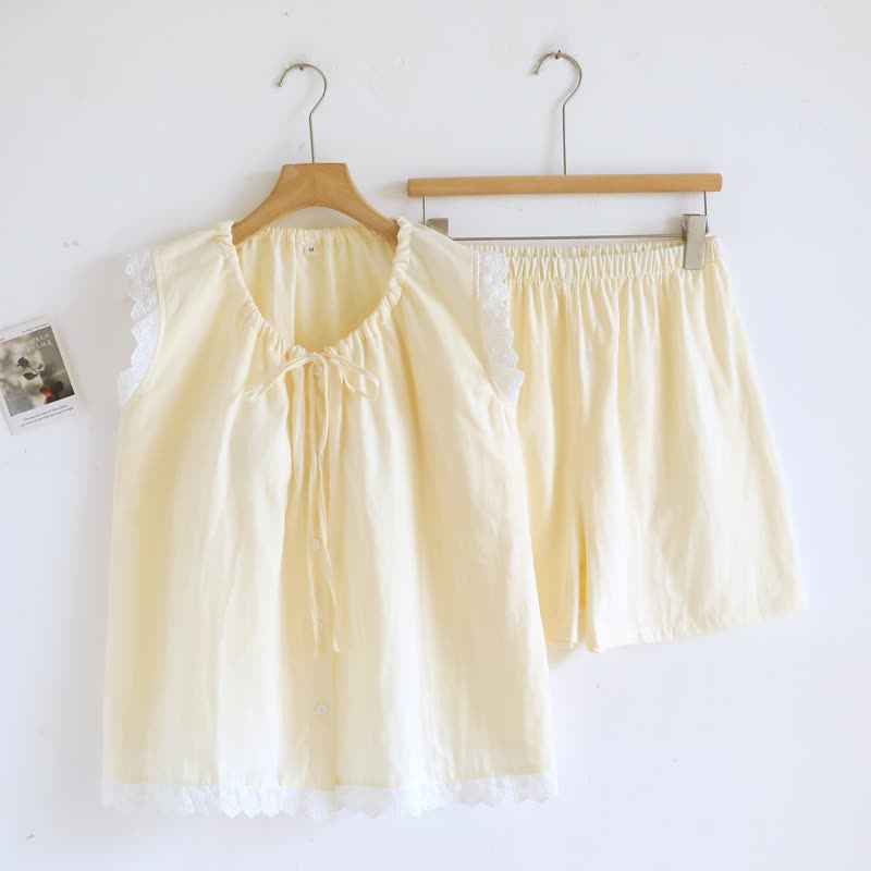 Tanktop-Pyjama aus einfarbiger Baumwolle mit Spitzenbesatz - Beige - XL - image 22