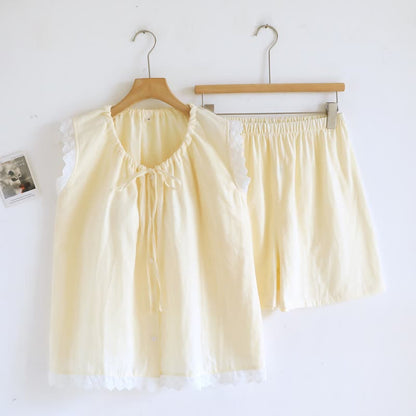 Tanktop-Pyjama aus einfarbiger Baumwolle mit Spitzenbesatz - Beige - XL - image 22