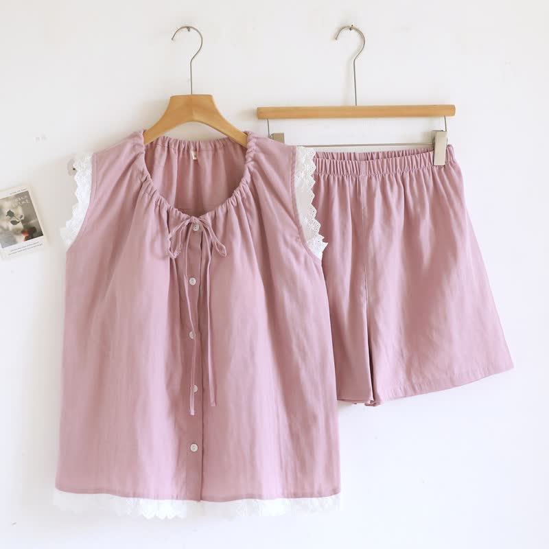 Tanktop-Pyjama aus einfarbiger Baumwolle mit Spitzenbesatz - Rosa - XL - image 2