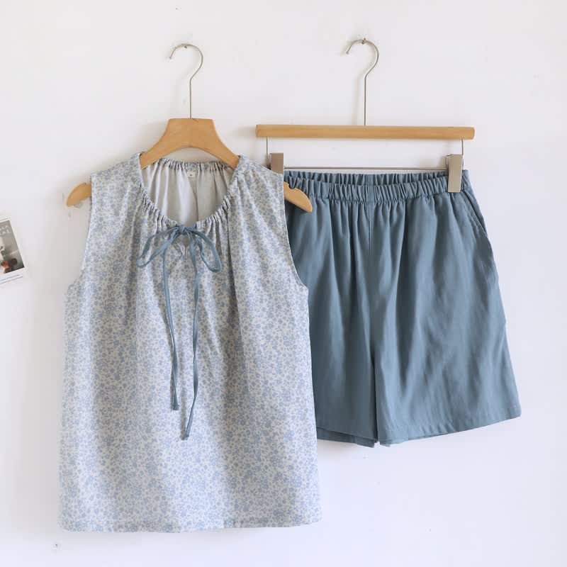 Pyjama-Set aus Baumwoll-Tanktop und Shorts mit kleinem Blumenmuster - Blau - XL - image 7