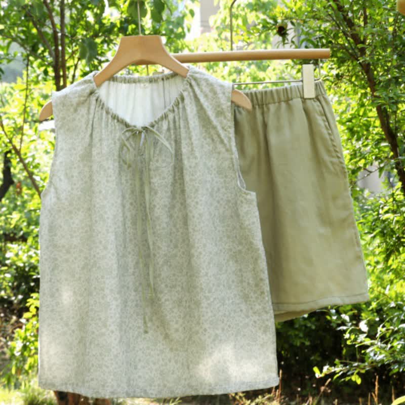 Pyjama-Set aus Baumwoll-Tanktop und Shorts mit kleinem Blumenmuster - Grün - XL - image 16