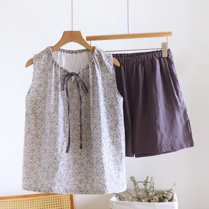 Pyjama-Set aus Baumwoll-Tanktop und Shorts mit kleinem Blumenmuster - Lila - XL - image 19
