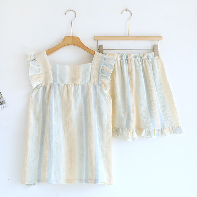 Tanktop-Loungewear aus Baumwollgaze mit Streifen und Rüschenbesatz - image 4