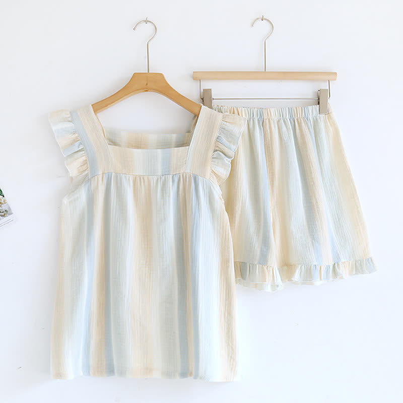 Tanktop-Loungewear aus Baumwollgaze mit Streifen und Rüschenbesatz - Beige - Loungewear-Set - XL - image 3