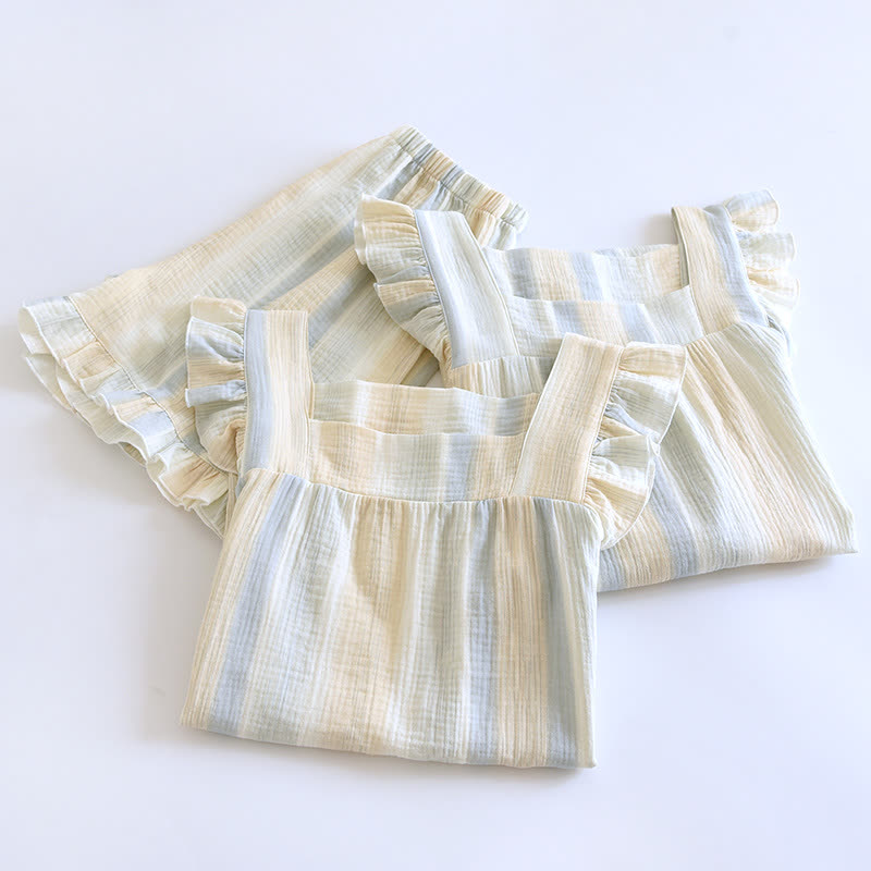 Tanktop-Loungewear aus Baumwollgaze mit Streifen und Rüschenbesatz - image 1
