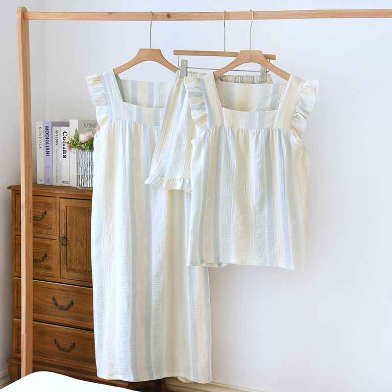 Tanktop-Loungewear aus Baumwollgaze mit Streifen und Rüschenbesatz - image 0