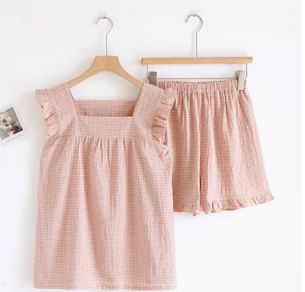 Baumwollgaze-Pyjama mit kariertem Tanktop und Volantärmeln - Rosa - XL - image 9