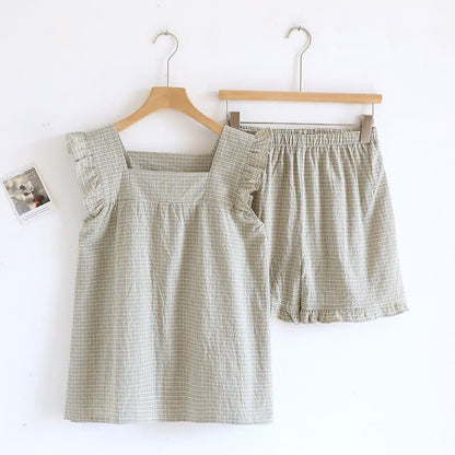 Baumwollgaze-Pyjama mit kariertem Tanktop und Volantärmeln - Grün - XL - image 7