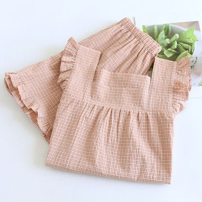 Baumwollgaze-Pyjama mit kariertem Tanktop und Volantärmeln - image 11
