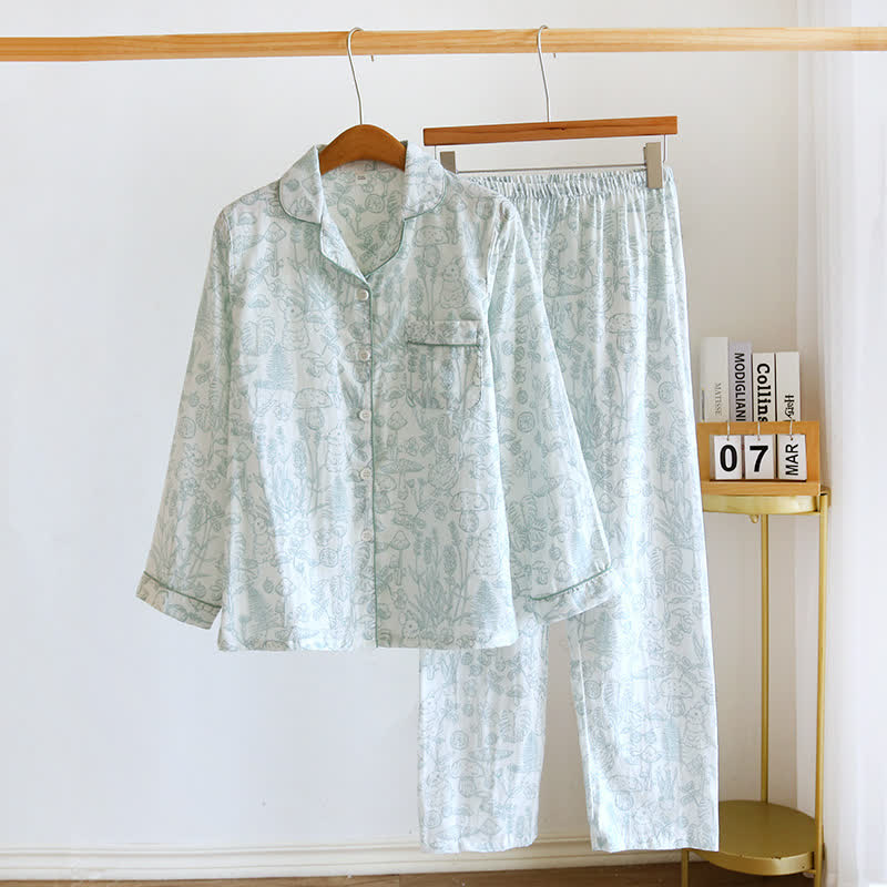 Pyjama aus Baumwollgaze mit Dschungelpilz- und Hasenmuster - Grün - XL - image 2