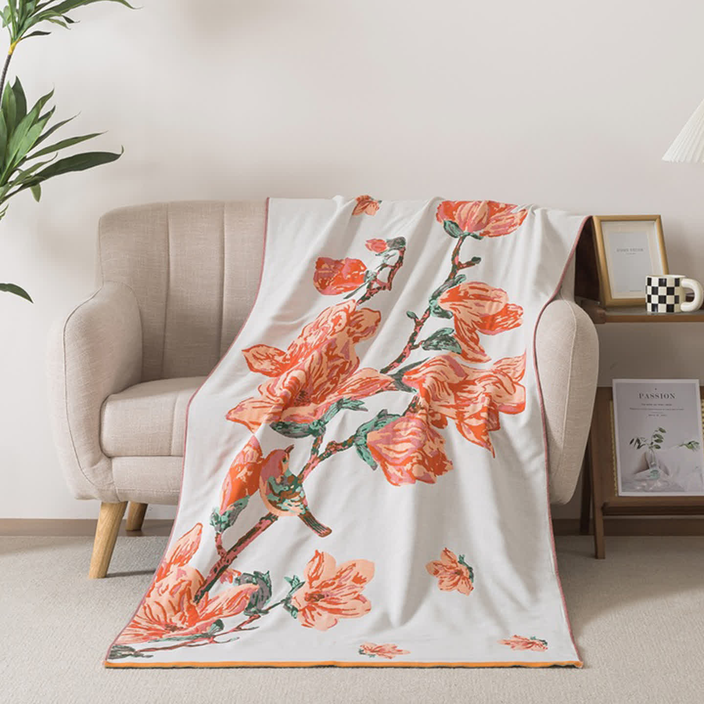 Luxuriöses Badetuch aus Baumwollgaze mit Blumen- und Vogelmotiven - Rot - 90cm x 180cm - image 0