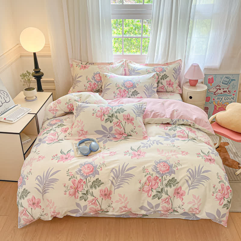 Bettwäsche-Set aus Baumwolle mit pastoralem Blumen- und Blättermuster (4-teilig) - Rosa - 220cm x 240cm - image 0