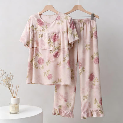 Rundhals-Pyjama-Set in Rosa mit Chrysanthemenmuster - Rosa - 3XL - image 0