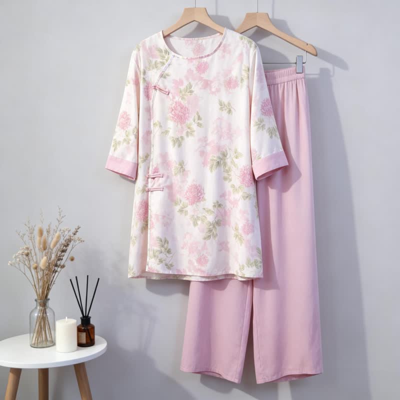 Elegantes Loungewear-Set im orientalischen Stil mit Chrysanthemenmotiv - Rosa - Einheitsgröße - image 0