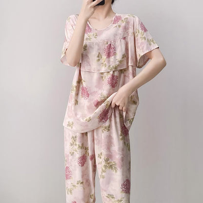 Rundhals-Pyjama-Set in Rosa mit Chrysanthemenmuster - image 4