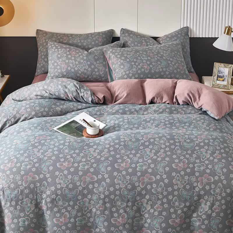 Bettwäsche aus Baumwolldoppelgaze mit Schmetterlings- und Blumenmuster - image 1