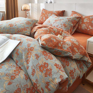 Bettwäsche aus orangefarbenem Baumwoll-Doppelgaze mit Blumenmuster - Orange - Bettbezug - 220cm x 240cm - image 0