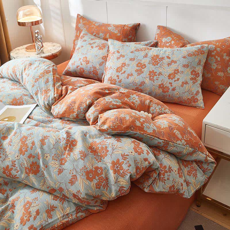 Bettwäsche aus orangefarbenem Baumwoll-Doppelgaze mit Blumenmuster - image 5