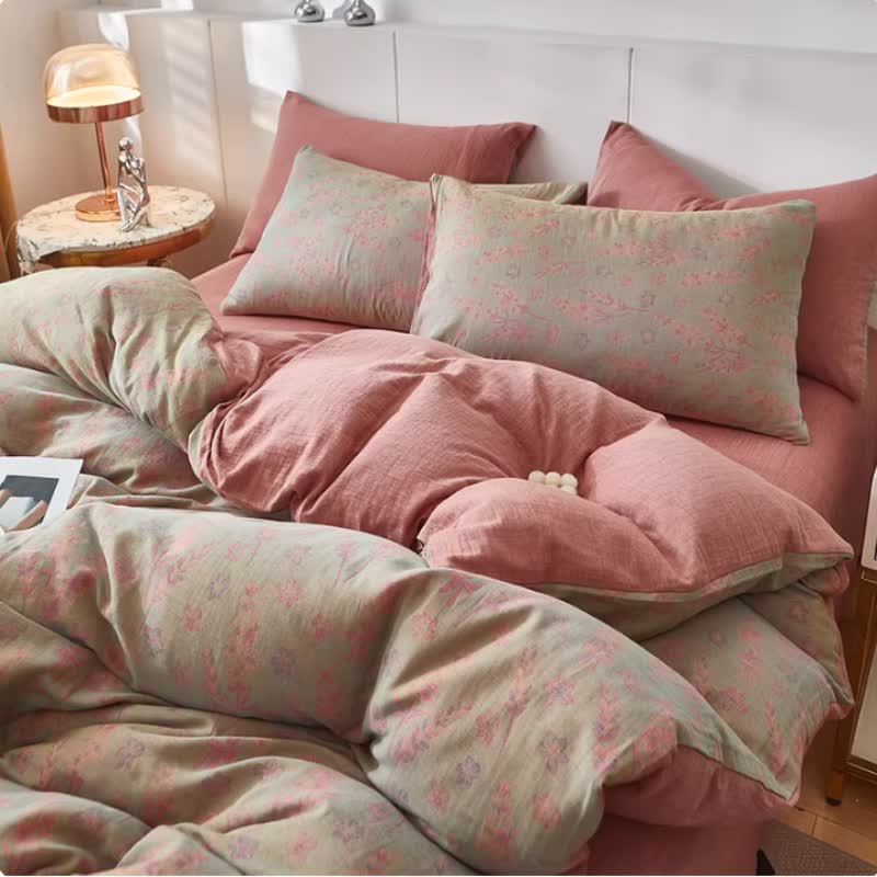Bettwäsche aus doppellagigem Baumwollgaze mit Lavendel- und Blumenmuster - Rosa - Bettbezug - 220cm x 240cm - image 4