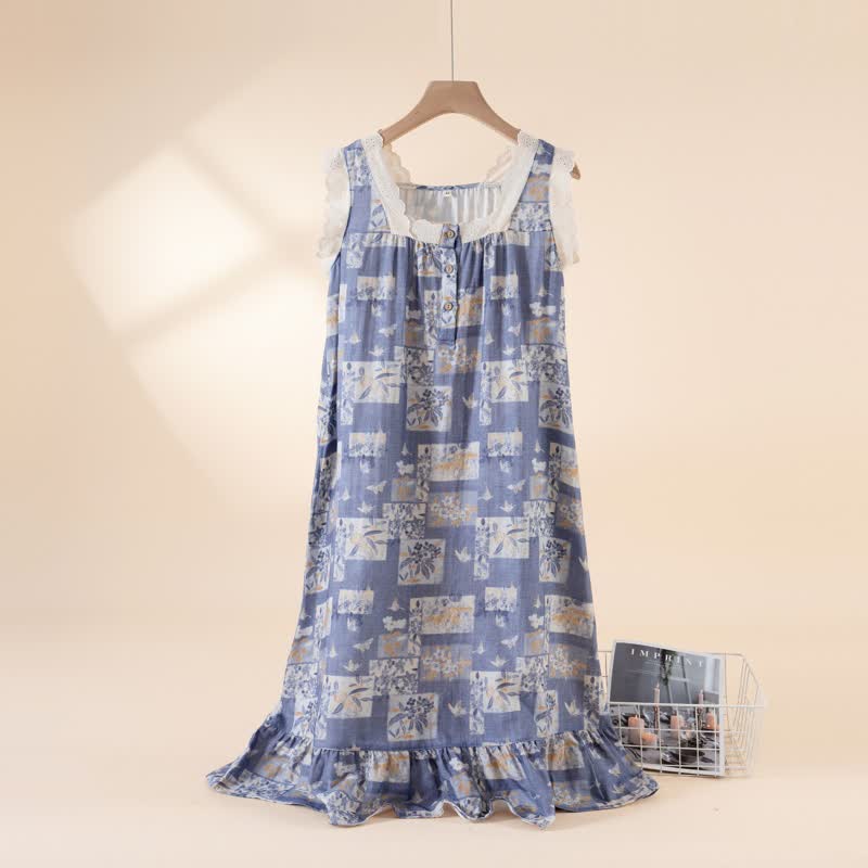 Ärmelloses Nachthemd aus Baumwolle mit Schmetterlings- und Blumenmuster im Landhausstil - Blau - XL - image 0