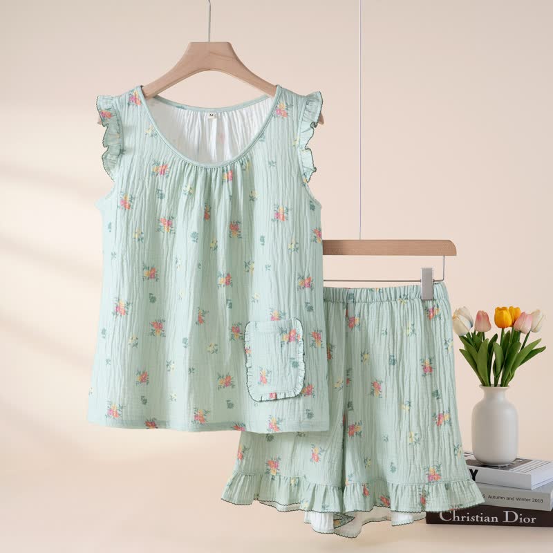 Pyjama-Set aus geblümtem Baumwollgaze mit flatternden Ärmeln - Grün - XL - image 0